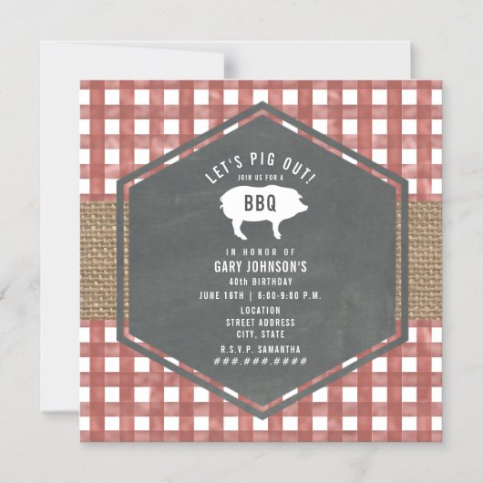 Red Gingham Pig Burlap Birthday Bbq Magnetische Uitnodiging (Voorkant)