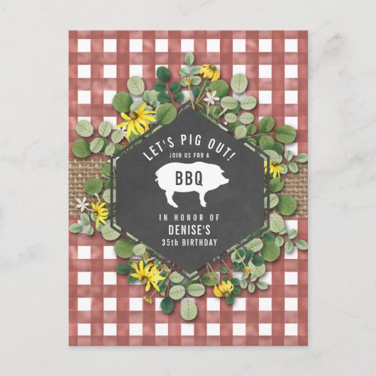 Red Gingham Pig Burlap Floral Birthday Bbq Briefkaart (Voorkant)