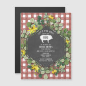 Red Gingham Pig Burlap Floral Birthday Bbq Magnetische Uitnodiging (Voorkant / Achterkant)