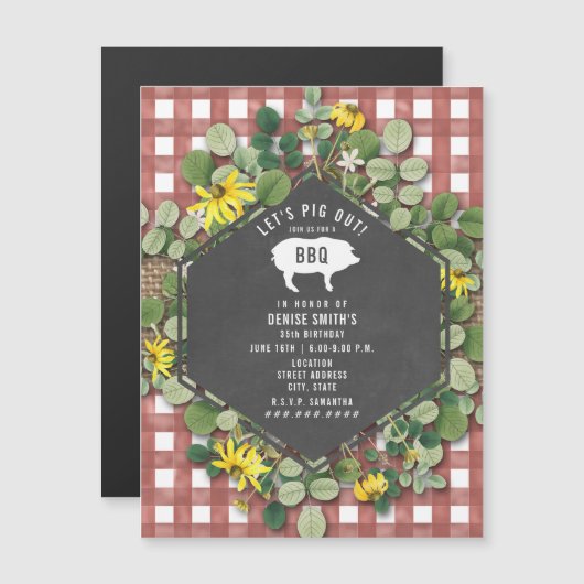 Red Gingham Pig Burlap Floral Birthday Bbq Magnetische Uitnodiging (Voorkant / Achterkant)