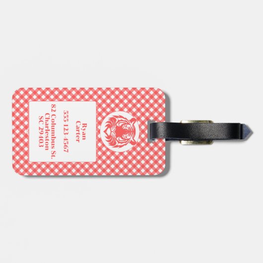 Red Gingham Plaid met Rode Tijger Hoofd en Naam Bagagelabel (Achterkant horizontaal)