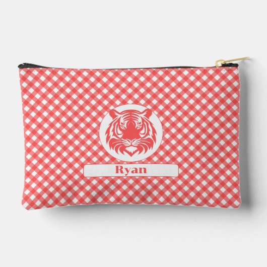 Red Gingham Plaid met Rode Tijger Hoofd en Naam Etui (Achterkant)