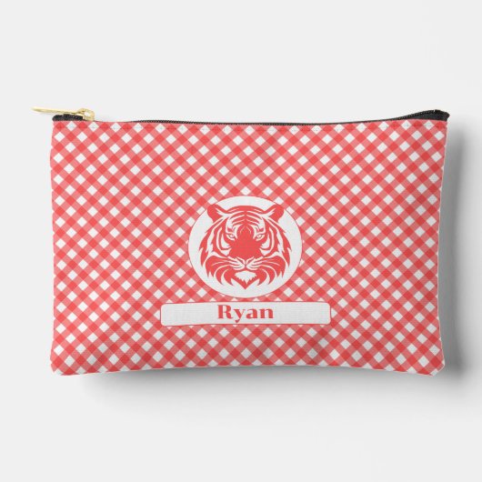 Red Gingham Plaid met Rode Tijger Hoofd en Naam Etui (Voorkant)
