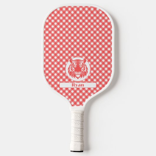 Red Gingham Plaid met Rode Tijger Hoofd en Naam Pickleball Paddle (Achterkant)