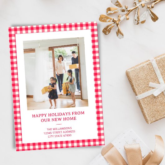 Red Gingham Plaid New Home Moving Christmas Photo Feestdagenkaart