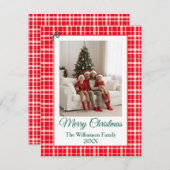 Red Gingham Plaid Vrolijke Kerstfoto Informatiekaartje (Voorkant / Achterkant)