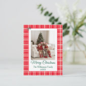 Red Gingham Plaid Vrolijke Kerstfoto Informatiekaartje (Staand voorkant)