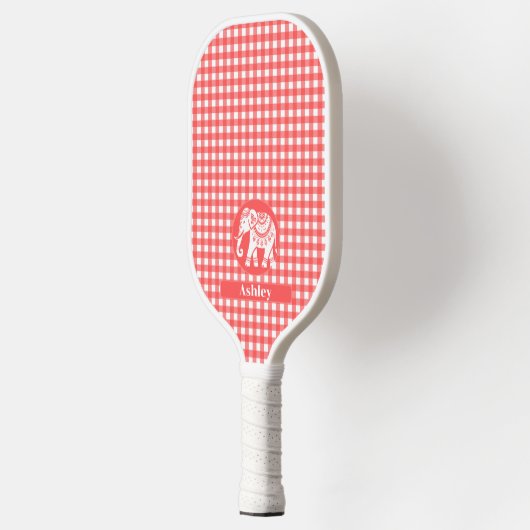Red Gingham Plaid with White Elephant and Name Pickleball Paddle (Links)