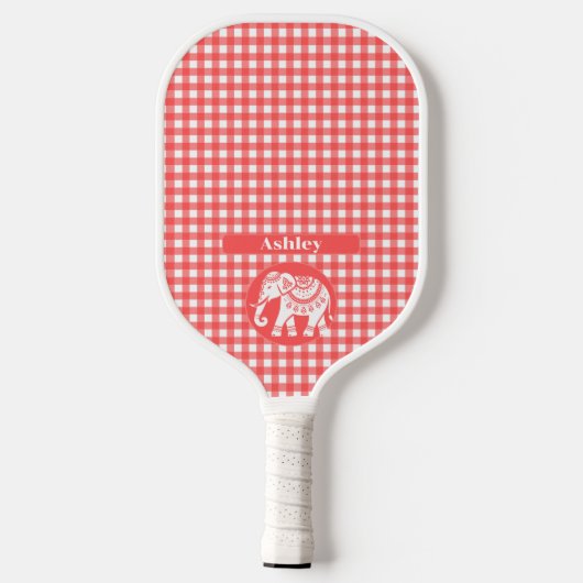 Red Gingham Plaid with White Elephant and Name Pickleball Paddle (Achterkant)