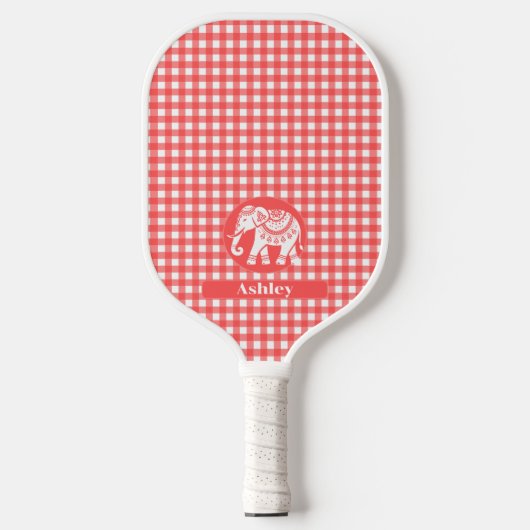 Red Gingham Plaid with White Elephant and Name Pickleball Paddle (Voorkant)