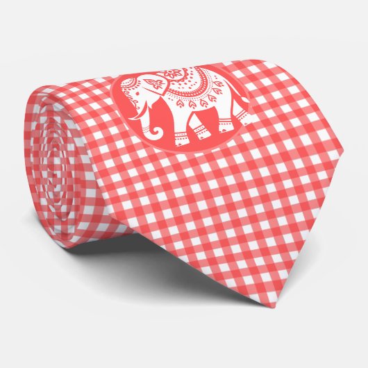 Red Gingham Plaid with White Elephant Stropdas (Opgerold)