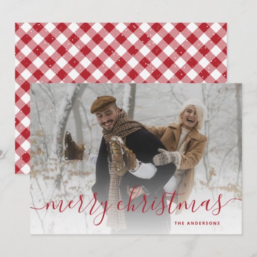 Red Gingham Pset Photo Merry Kerstry Feestdagenkaart (Voorkant / Achterkant)