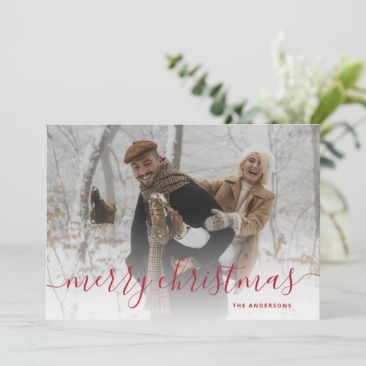 Red Gingham Pset Photo Merry Kerstry Feestdagenkaart (Staand voorkant)