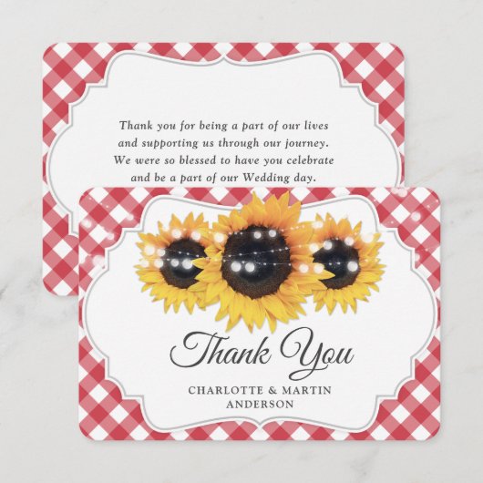 Red Gingham Rustic Sunflower Wedding Bedankkaart (Voorkant / Achterkant)