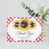 Red Gingham Rustic Sunflower Wedding Bedankkaart (Staand voorkant)