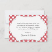 Red Gingham Rustic Sunflower Wedding Bedankkaart (Achterkant)
