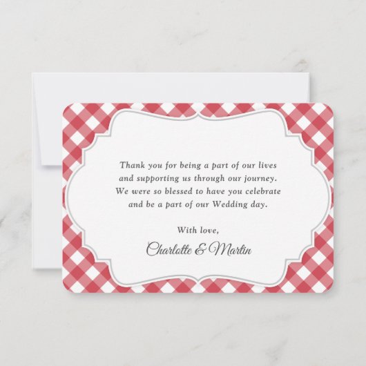 Red Gingham Rustic Sunflower Wedding Bedankkaart (Achterkant)