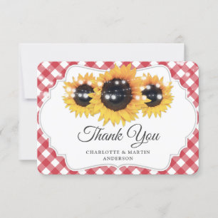 Red Gingham Rustic Sunflower Wedding Bedankkaart