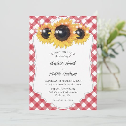 Red Gingham Rustic Sunflower Wedding Kaart (Staand voorkant)