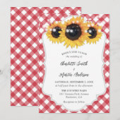 Red Gingham Rustic Sunflower Wedding Kaart (Voorkant / Achterkant)