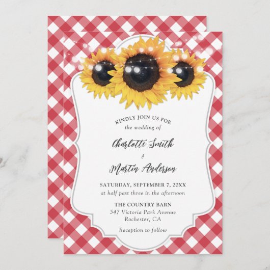 Red Gingham Rustic Sunflower Wedding Kaart (Voorkant / Achterkant)