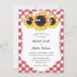 Red Gingham Rustic Sunflower Wedding Kaart