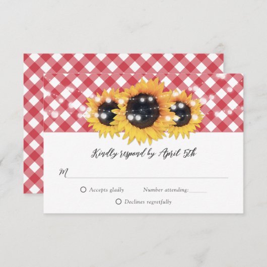 Red Gingham Rustic Sunflower Wedding RSVP Kaartje (Voorkant / Achterkant)