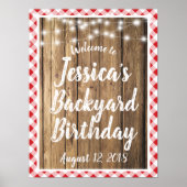 Red Gingham Rustic Wood Backyard BBQ Birthday Sign Poster (Voorkant)