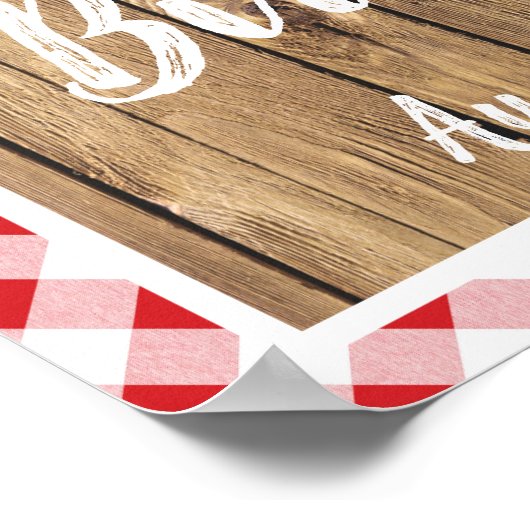Red Gingham Rustic Wood Backyard BBQ Birthday Sign Poster (Hoek)