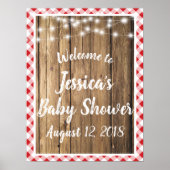 Red Gingham Rustic Wood Sting Lights Event Shower Poster (Voorkant)