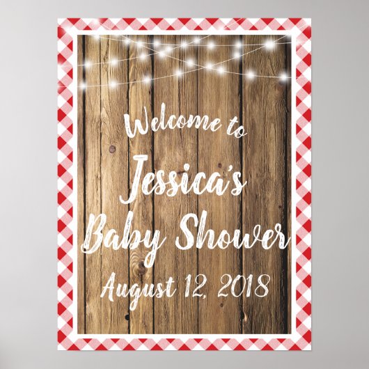 Red Gingham Rustic Wood Sting Lights Event Shower Poster (Voorkant)