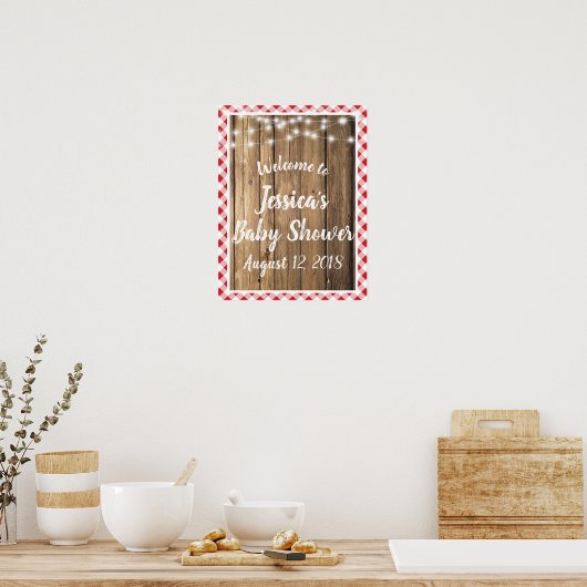 Red Gingham Rustic Wood Sting Lights Event Shower Poster (Keuken)