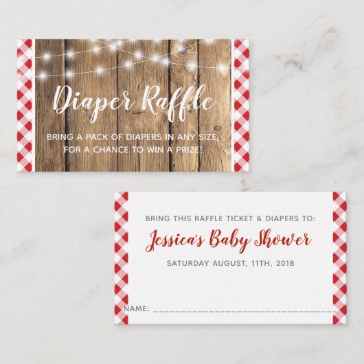 Red Gingham rustieke houten Baby shower luier Raff Informatiekaartje (Voorkant / Achterkant)