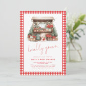 Red Gingham Script Lokaal gegroeid Xmas Baby showe Kaart (Staand voorkant)