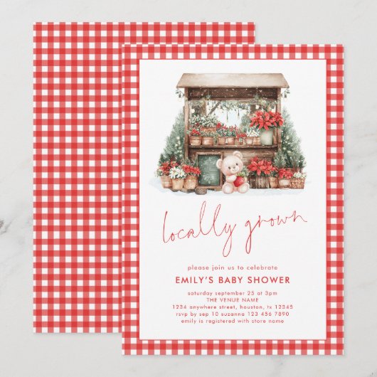 Red Gingham Script Lokaal gegroeid Xmas Baby showe Kaart (Voorkant / Achterkant)