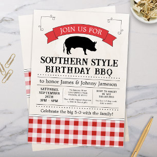Red Gingham Southern BBQ Pig Roast Verjaardag Kaart