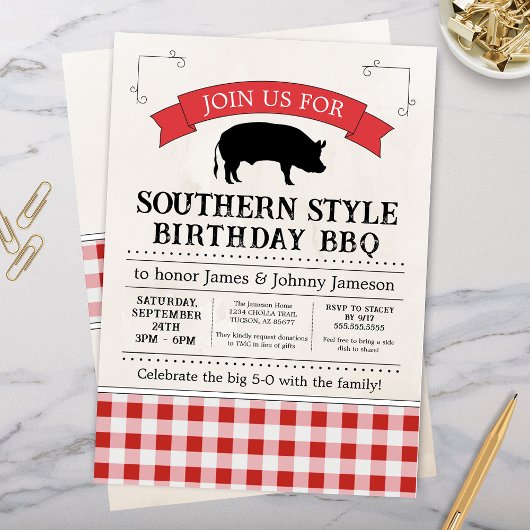 Red Gingham Southern BBQ Pig Roast Verjaardag Kaart
