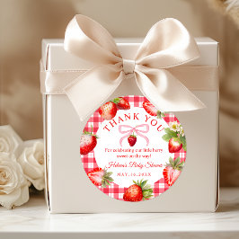 Red Gingham Strawberries Baby Shower Thank You Ronde Sticker