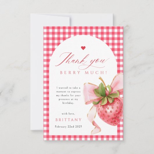 Red Gingham Strawberry Verjaardag Dank u kaart (Voorkant)