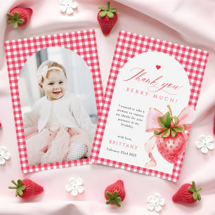 Red Gingham Strawberry Verjaardag Dank u kaart