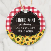 Red Gingham & Sunflower Baby-Q Shower Dank je Bedankjes Labels (Voorkant)