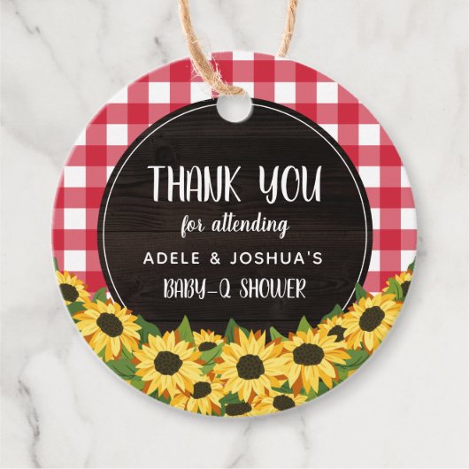 Red Gingham & Sunflower Baby-Q Shower Dank je Bedankjes Labels (Voorkant)