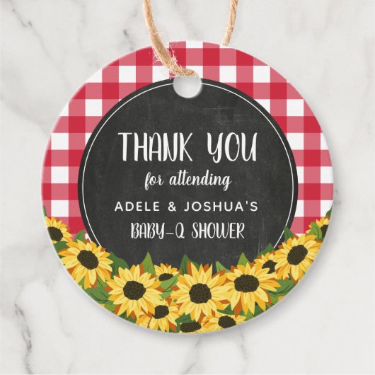 Red Gingham & Sunflower Baby-Q Shower Dank je Bedankjes Labels (Voorkant)