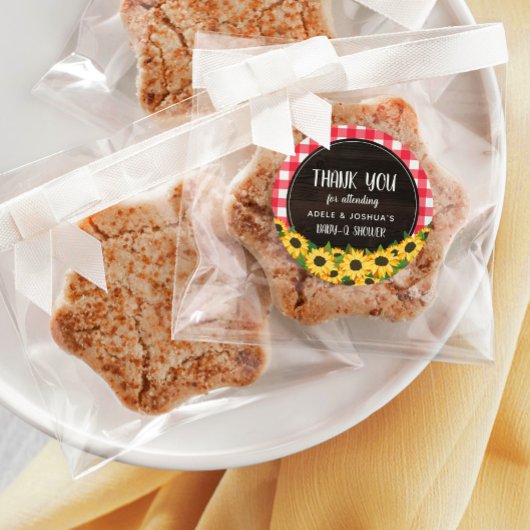 Red Gingham & Sunflower Baby-Q Shower Dank je Ronde Sticker