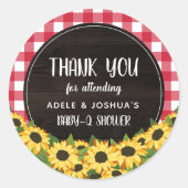 Red Gingham & Sunflower Baby-Q Shower Dank je Ronde Sticker (Voorkant)