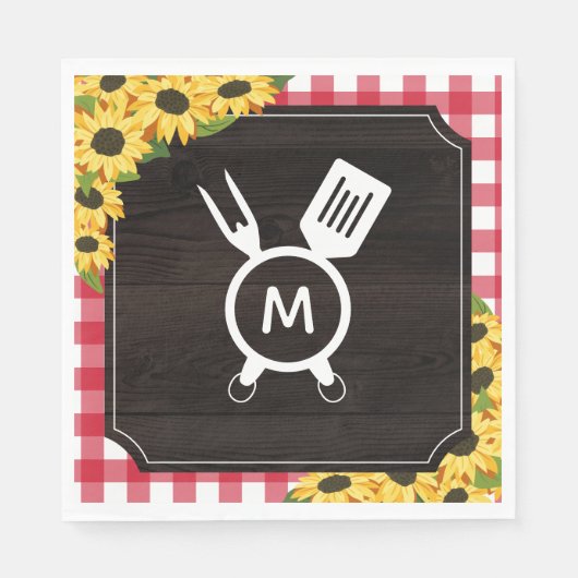 Red Gingham & Sunflower Rustic Monogrammed BBQ Servet (Voorkant)
