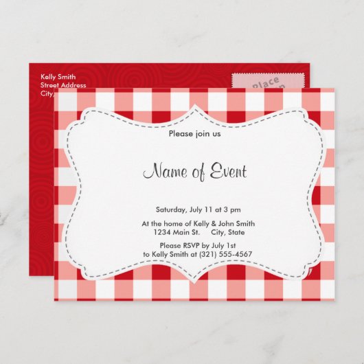 Red Gingham Uitnodiging Briefkaart (Voorkant / Achterkant)