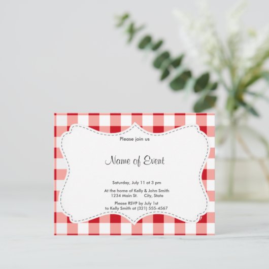 Red Gingham Uitnodiging Briefkaart (Staand voorkant)