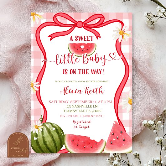 Red Gingham Watermelon Bow Summer Baby Shower Invi Kaart