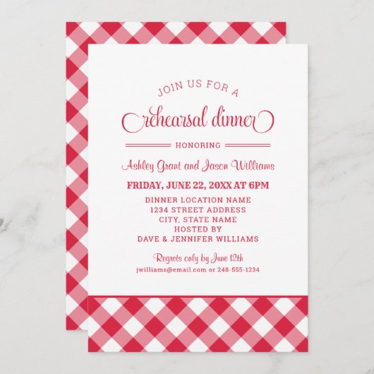 Red Gingham Wedding Rehearsal Dinner Kaart (Voorkant / Achterkant)